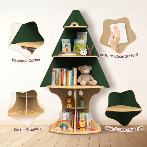 LAKNUAL Bookshelf for Kids, Children Tree-Bookshelf, Space-Saving Montessori Toddler Corner Bookcase for Nursery, Kindergarten, Kids Rooms