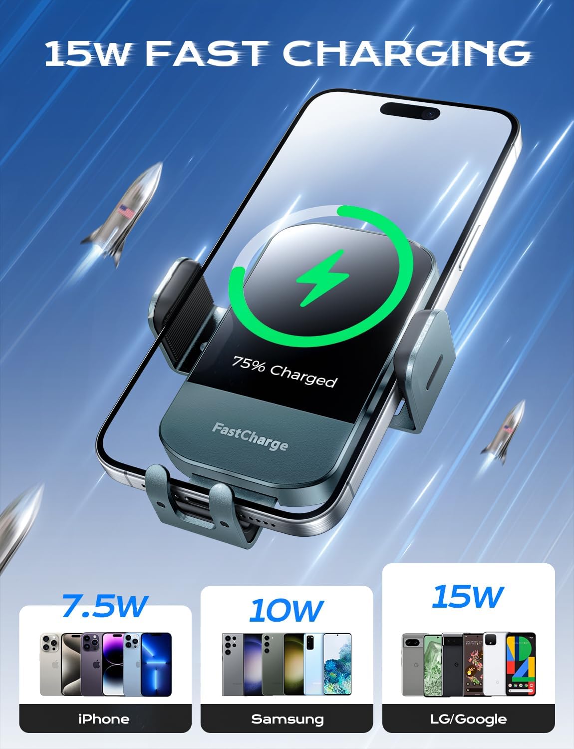 CHGeek 15W 15 14 13 12 11 S24 S23 S22 S21, S20, S10+, Wireless Car Charger, Fast Charging Auto Clamping Car Charger