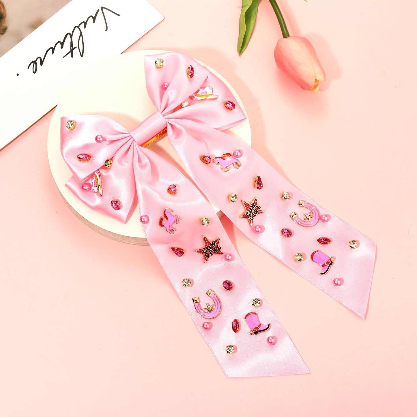 Skiennix Western Hair Bows - Jeweled Cowgirl Clips for Women | Big Pink Hair Accessories