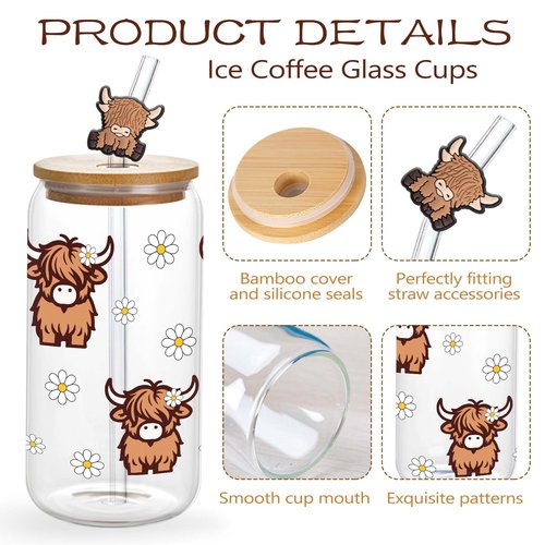 Highland Cows Gifts for Women Highland Cow Lovers Decor Print Stuff Coffee Cup with Cow Straw - Cute Coffee Cups/Tumbler Christmas Birthday Gifts for Women Girls, Glass Cup with Lid and Straw 16oz