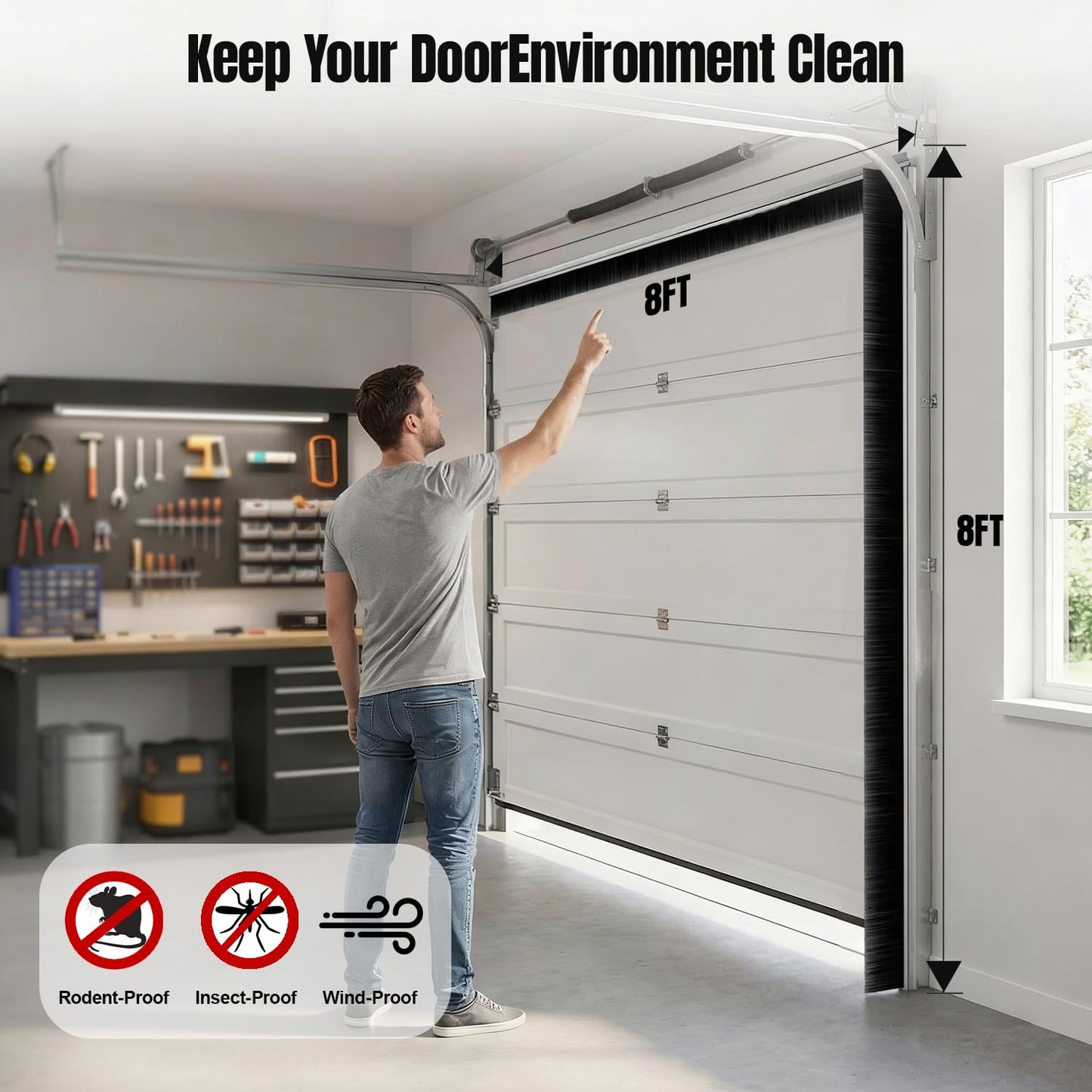 POOAMY 3" Garage Door Brush Seal for Top, Roll Up Doors 8 x 8ft, Nylon Brush with Aluminum Alloy Base, Ideal for Exterior Commercial Door, Warehouse and Industrial Use, Easy Mounting, Black&Silver.