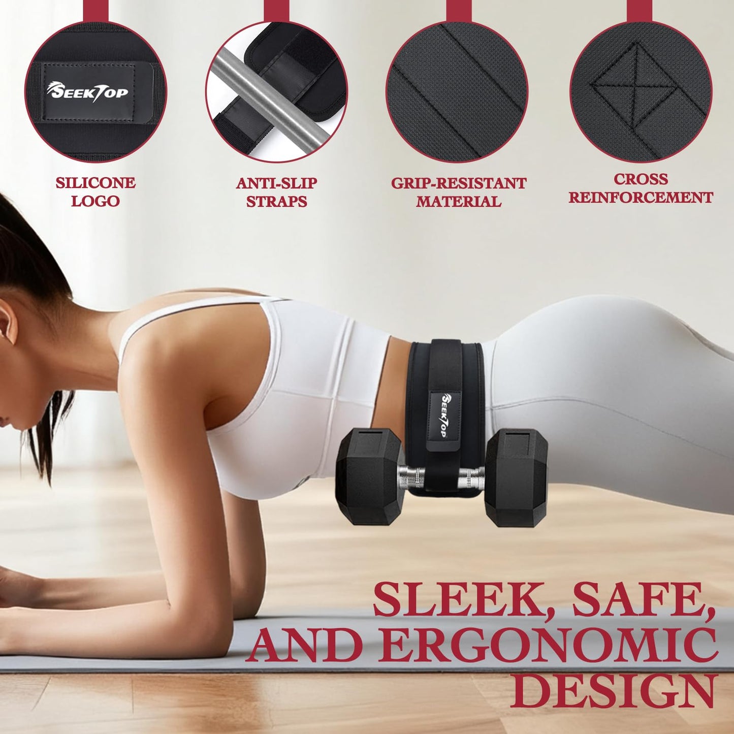 Seektop Adjustable Hip Thrust Belt Slip-Resistant Padding Booty Belts for Glutes - Fits Dumbbells Kettlebells Plates Up to 400 LBS for Gym Home & On-The-Go Workouts