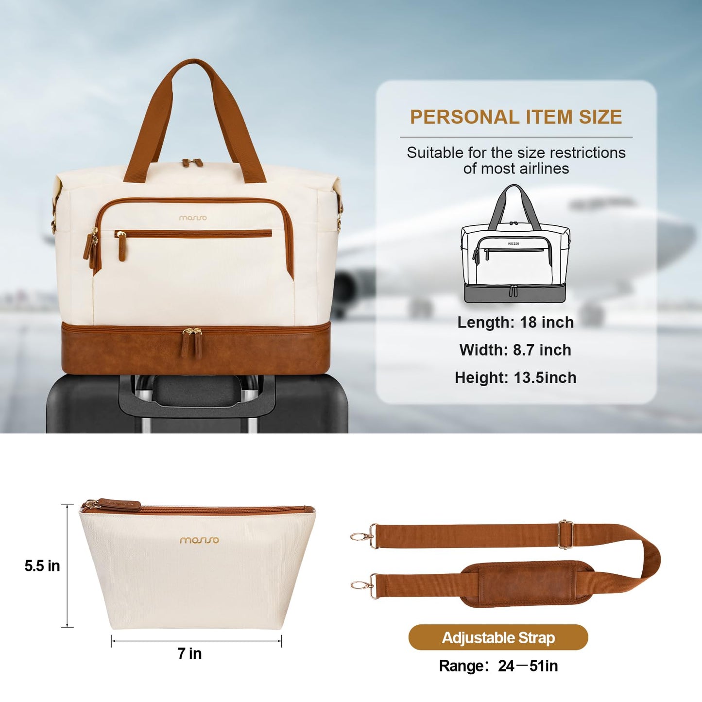 MOSISO Gym Bag for Women, Travel Duffle Weekender Overnight Workout Carry on Gym Duffle Bag with Toiletry Pouch&Shoe Compartment&Wet Pocket&Front Pocket for Fitness, Yoga, Weekend, Beige