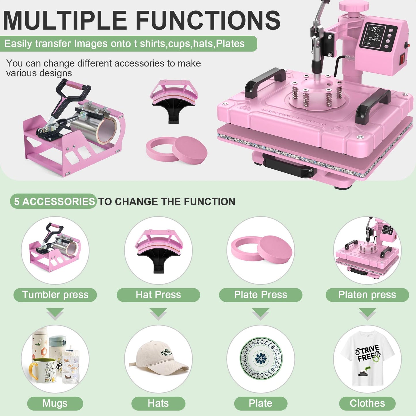 Seeutek Heat Press 5 in 1 Heat Press Machine 12x15 Inch Sublimation T Shirt Pressing with 30OZ 20OZ Tumbler Heat Press 360° Swing Away Heat Transfer Combo for T-Shirts, Hats, Mugs, Plates - Pink