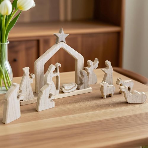 Nerosun Nativity Scene Set - 13-Piece Wooden Christmas Figurines | Minimalist Boho Manger Decor for Home