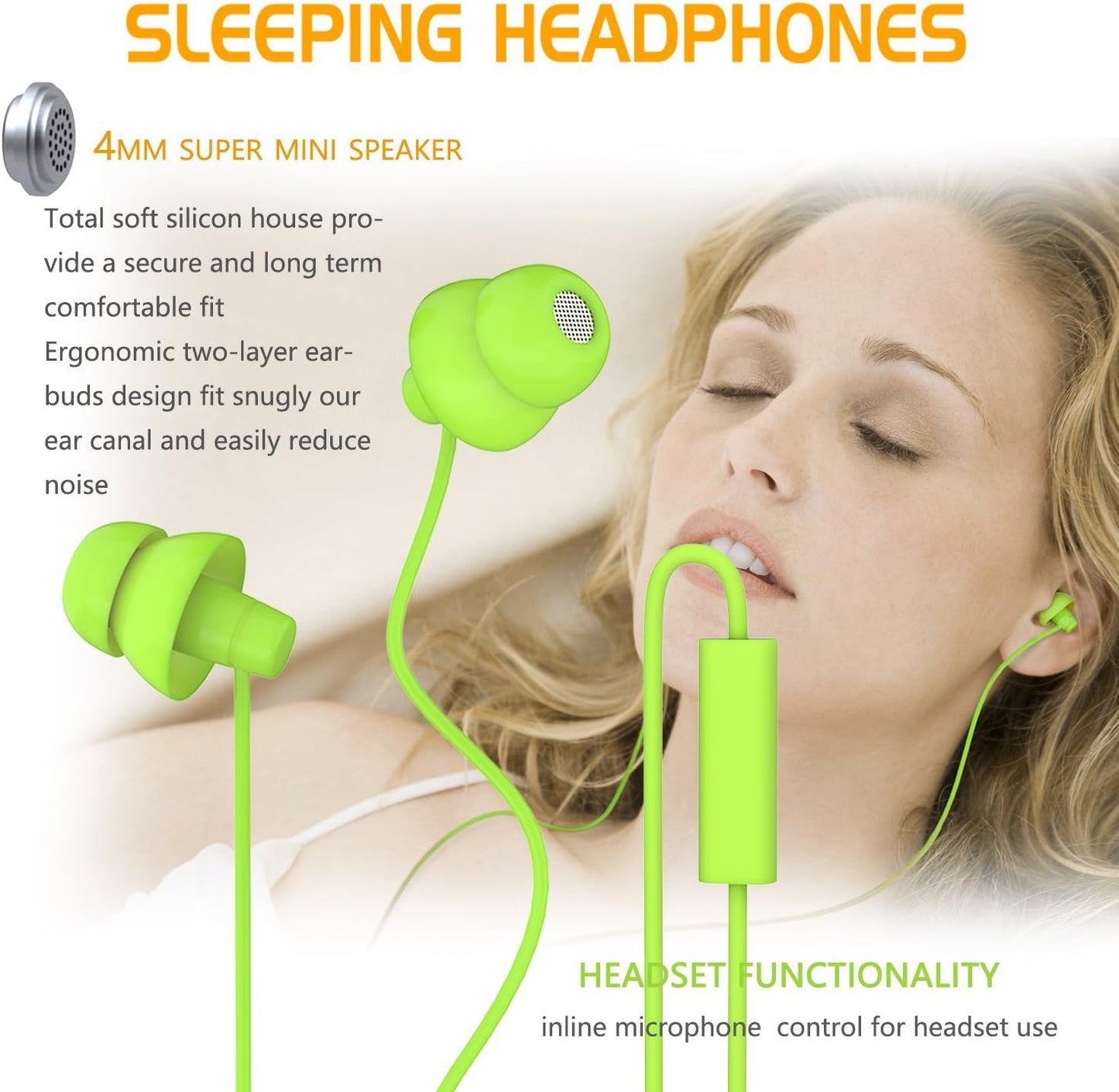 MAXROCK Mp3, 3.5mm, Wired Sleep Earphones Soft Sleep Earbuds Total Silicon Sleeping Headphones with in-line Mic
