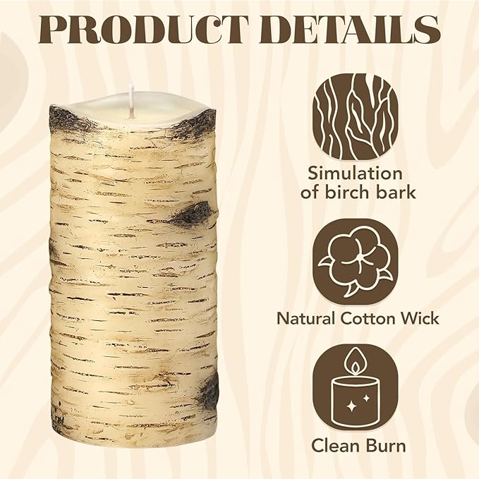 Birch Bark Pillar Candles, Fall Pillar Candles 3x6 Inch Set of 3, Thanksgiving Unscented Long-Lasting Smokeless Candles