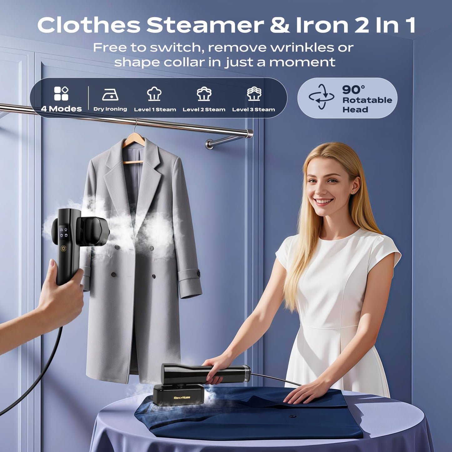 REXYHOME Travel Steamer for Clothes: 1000W Portable Clothes Steamer Handheld & Iron 2 In 1, Fast Heat Up with 4 Modes, Compact & Powerful Garment Steamer for Quick Wrinkle Removal, 110-120V