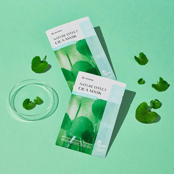 LEADERS Nature Effect Cica Mask ??Hydrating & Soothing Face Mask with Cica & Tea Tree Extracts for Healthy Skin, Skin Calming & Moisturizing, Vegan & Plant-Derived, Sebum Control - 10 Sheets