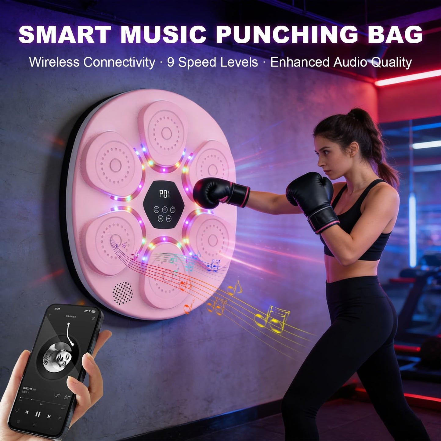 SJSSSJ Music Boxing Machine, Music Workout Punching Machine BT Wall Mounted Interactive Trainer Equipment Target RGB Light for