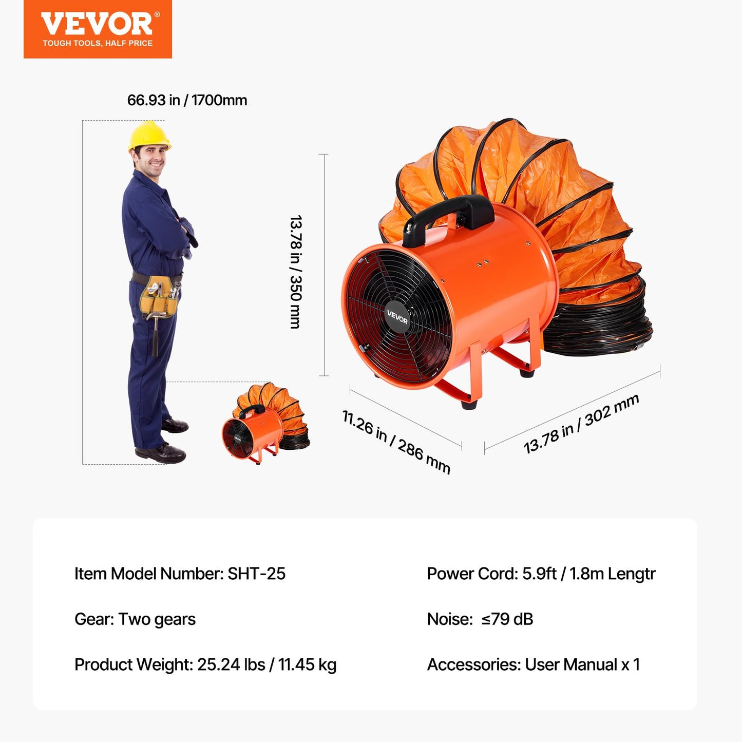VEVOR Portable Ventilator with Hose, 2 Speed, 10 Inch Utility Blower Exhaust Fan with 33ft Flexible Duct, 292W 1948CFM High Velocity Industrial Air Mover for Extraction and Ventilation