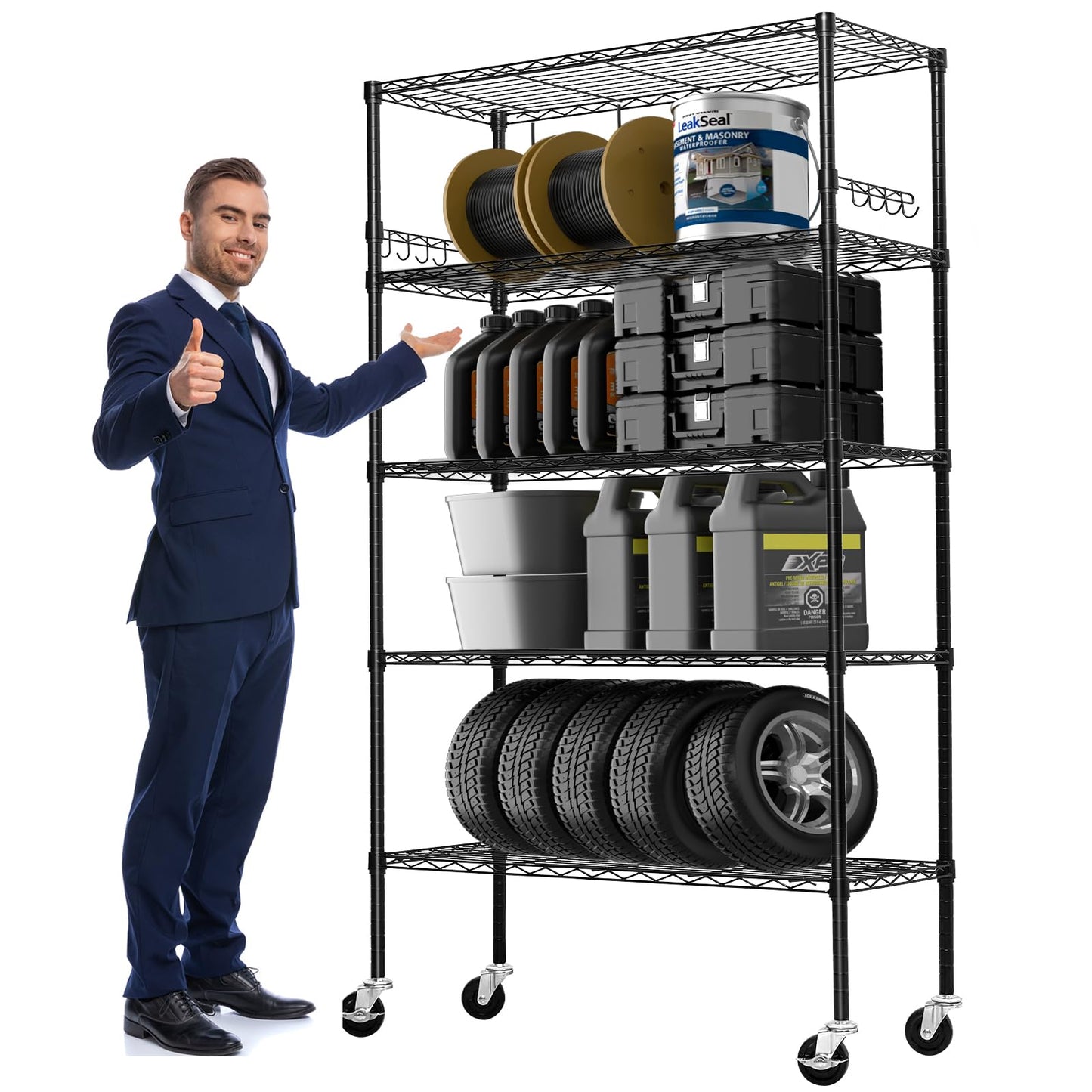 Storage Shelves 75"H Wire Shelving Unit with Wheels 1750LBS Heavy Duty Metal Shelves for Storage Adjustable 5-Tier Garage Storage Rack Kitchen Pantry Shelves Rolling Shelf on Casters, 14"D x36"W x75"H
