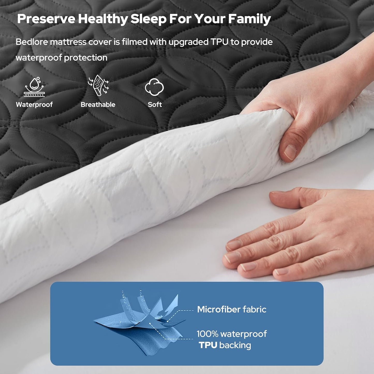 BEDLORE Waterproof Mattress Protector - Soft, Breathable Twin Size Pad for Deep Pocket Beds (Black)
