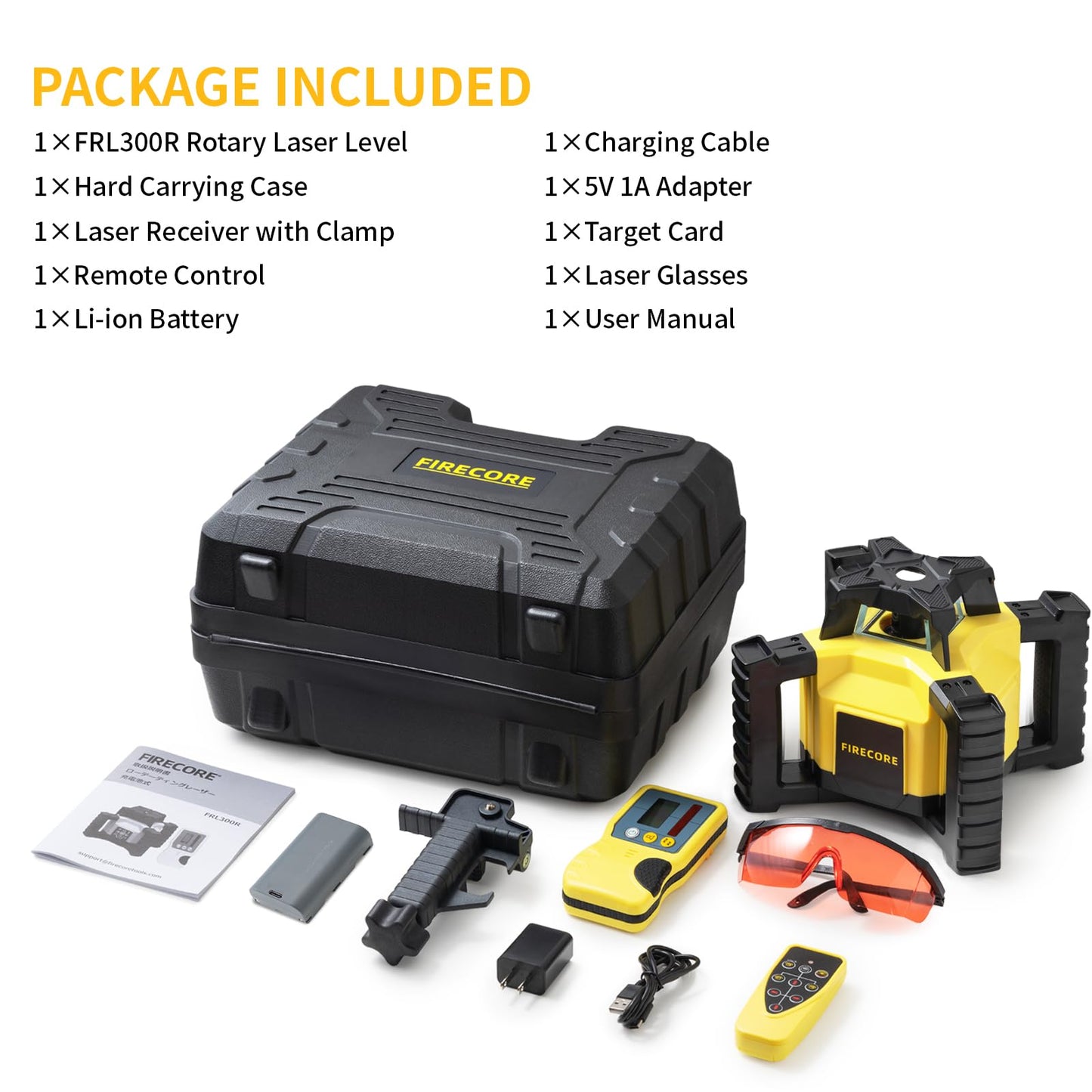 Firecore Rotary Laser Level Kit, 360 Degree Self-Leveling Horizontal Rotary Laser for Construction, Outdoor Laser Level with Receiver, Rechargeable Battery, Rod Clamp & Remote Control Included-FRL300R