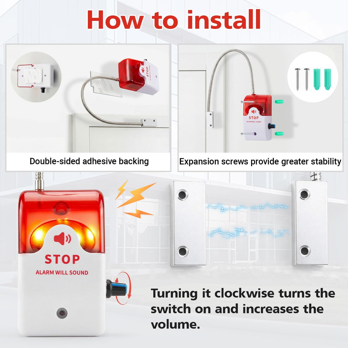 Konohan 2 Pcs Exit Stopper Door Alarm with 110db Siren Emergency Door Alarms When Opened, Easy Installation Battery Powered Magnetic Sensor for Unauthorized Entry Prevent Commercial Warehouse Retail