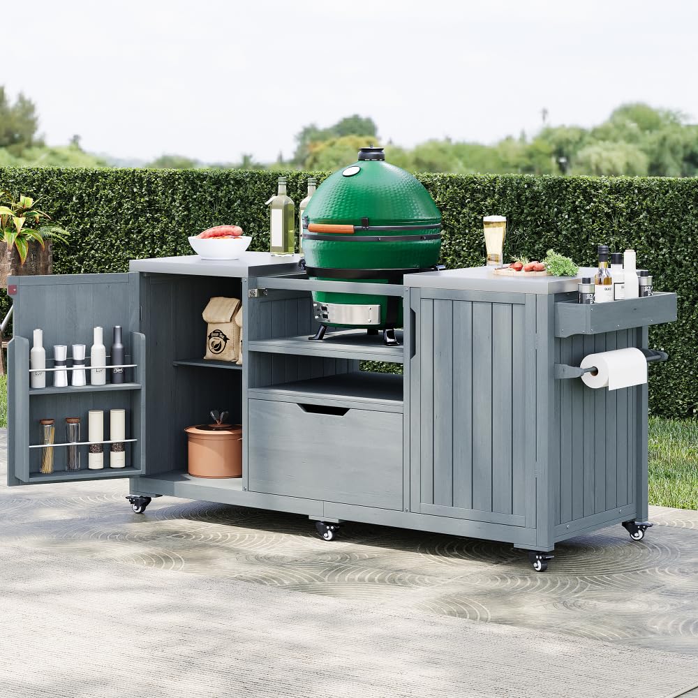 DFCHLDA 66.5" Outdoor Kitchen Island with Stainless Steel Top, Rolling Grill Cart with Adjustable Shelves, Lockable Wheels, Outdoor Table and Bar Storage Cabinet for Patio(Grey+Blue)