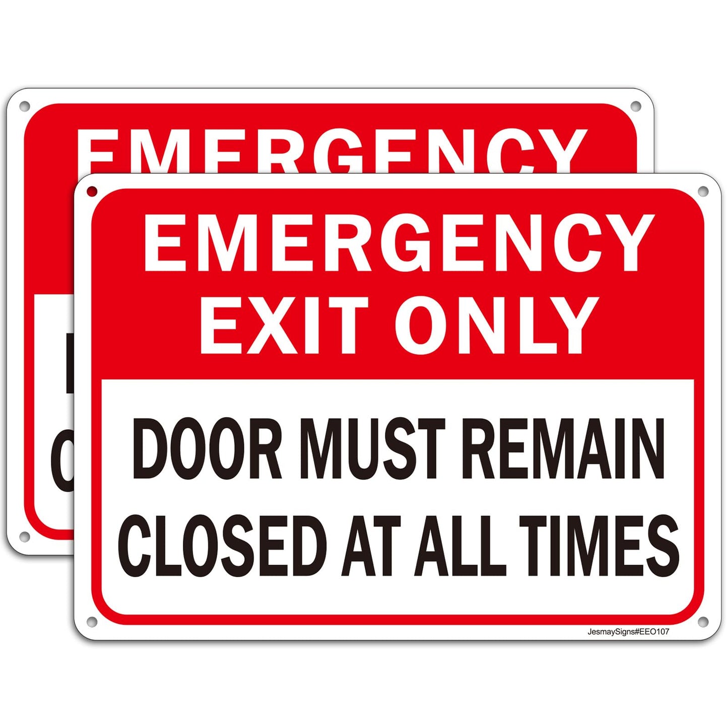 2 Pack Emergency Exit Only - Door Must Remain Closed at All Times Sign, 10"x7" Rust Free Reflective Aluminum, Weather & Fade Resistant, UV Protected, Easy Mounting