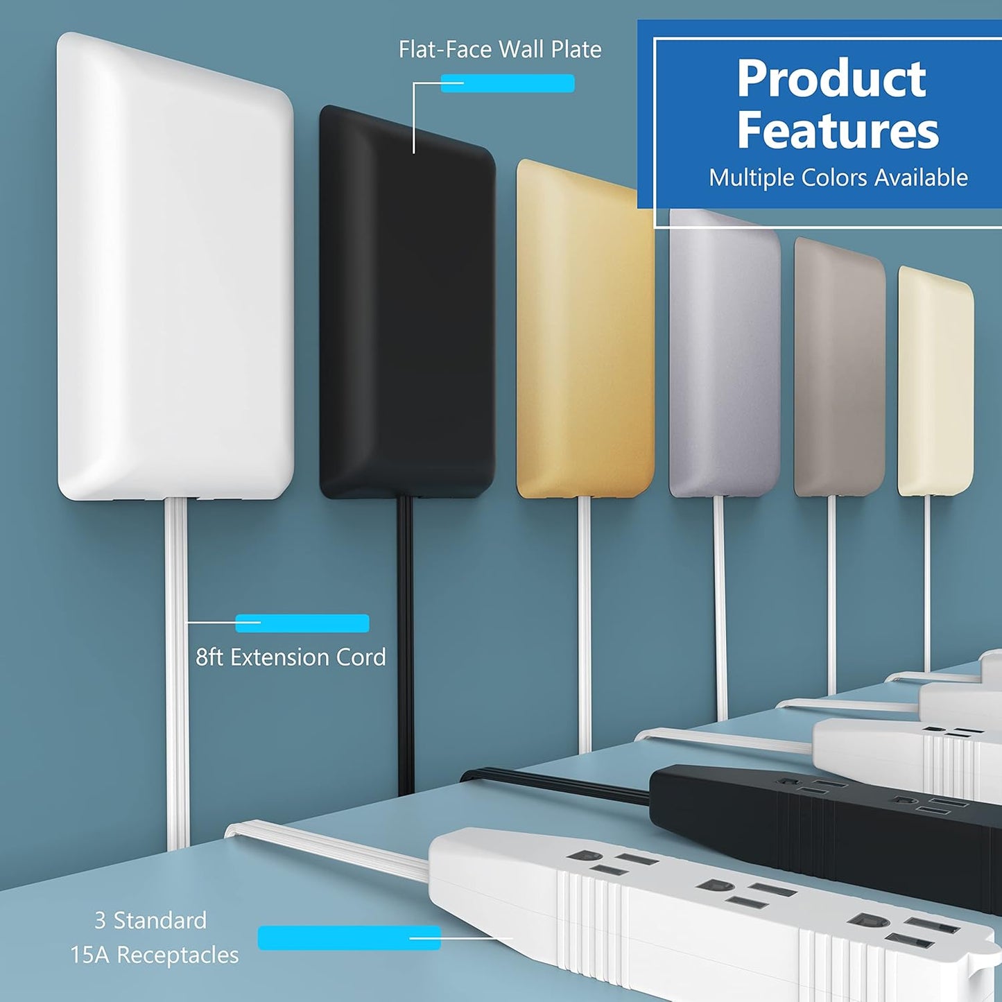 LIDER 3 3-Outlet 8ft LWE8-315-LA, Flat-Face Outlet Extender with Receptacles, Ultra-Thin Wall Plate Plug with Cord