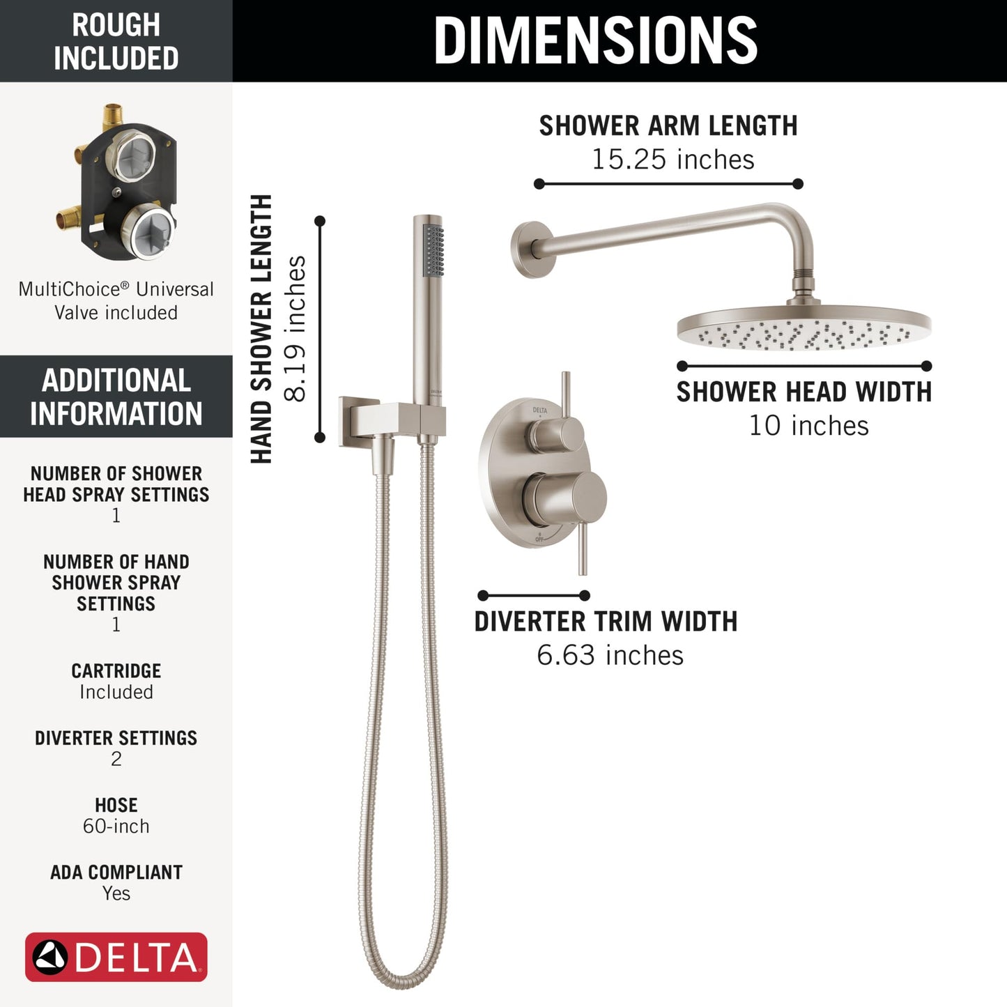 Delta Modern 14 Series Round Rain Shower System Faucet Set, Rainfall Brushed Nickel Shower Head and Handle Set, Valve Trim Kit, 10 Inch, Spotshield Stainless 342702-SP