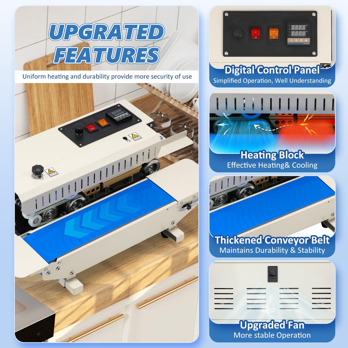 Frifreego Commercial Heat Sealer Machine, Continuous Bag Band Sealing Machine with Digital Temperature Control Automatic Bag Sealer Machine for Cookie, Food Storage, Kitchen, Bakery, Snacks Packaging