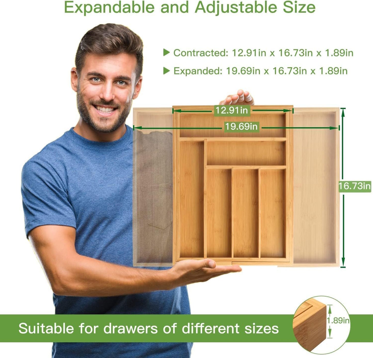 Pipishell Bamboo Silverware Drawer Organizer - Adjustable Utensil Tray for Kitchen & Home Storage