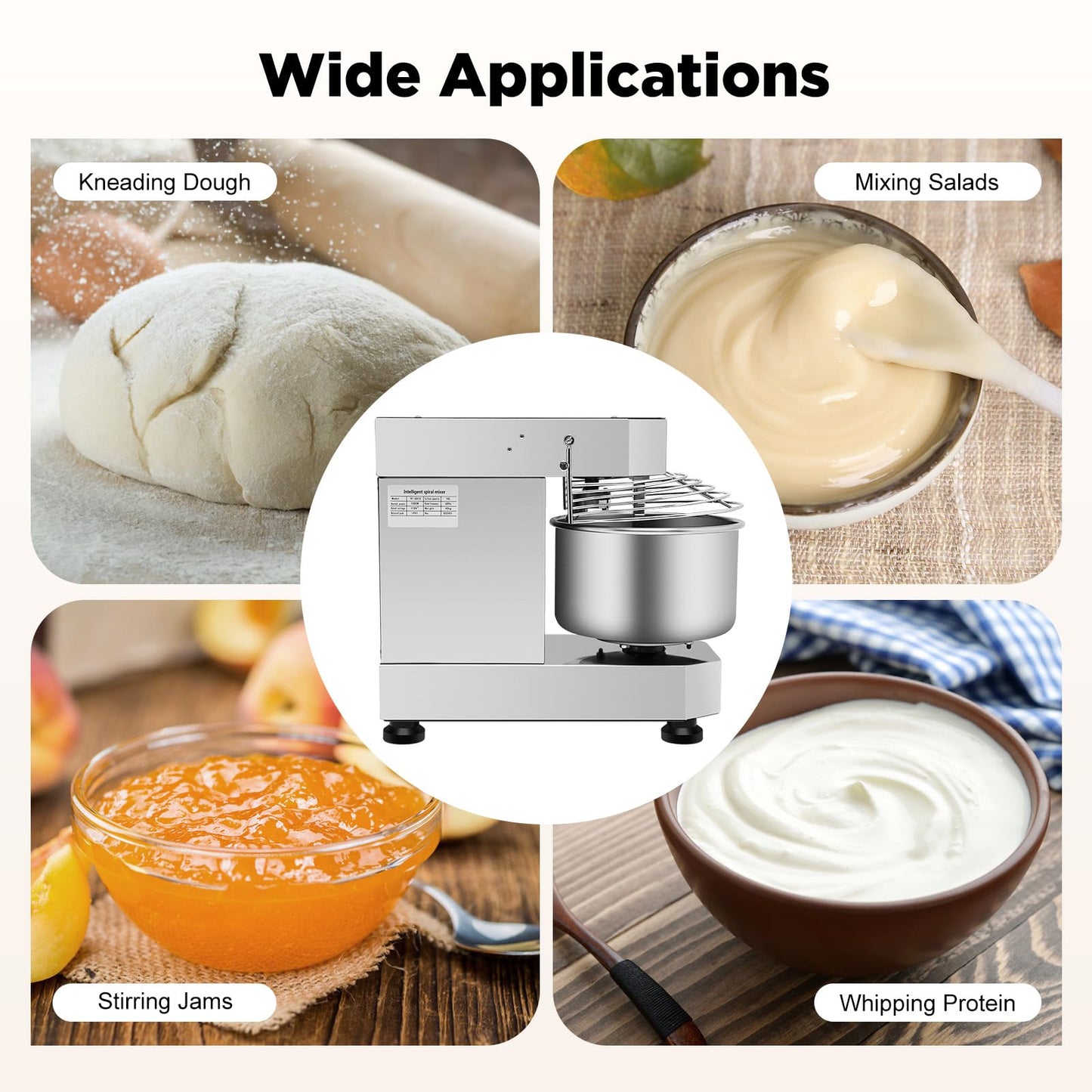 750W Commercial Food Mixer, 2.6Gal(10L) Dough Kneading Machine, 100/200 RPM Dual Speed, 360° Mixing, Copper Motor & Waterproof Switch, for Baking Dough, Whipping Cream, Mixing Salads (Silver)