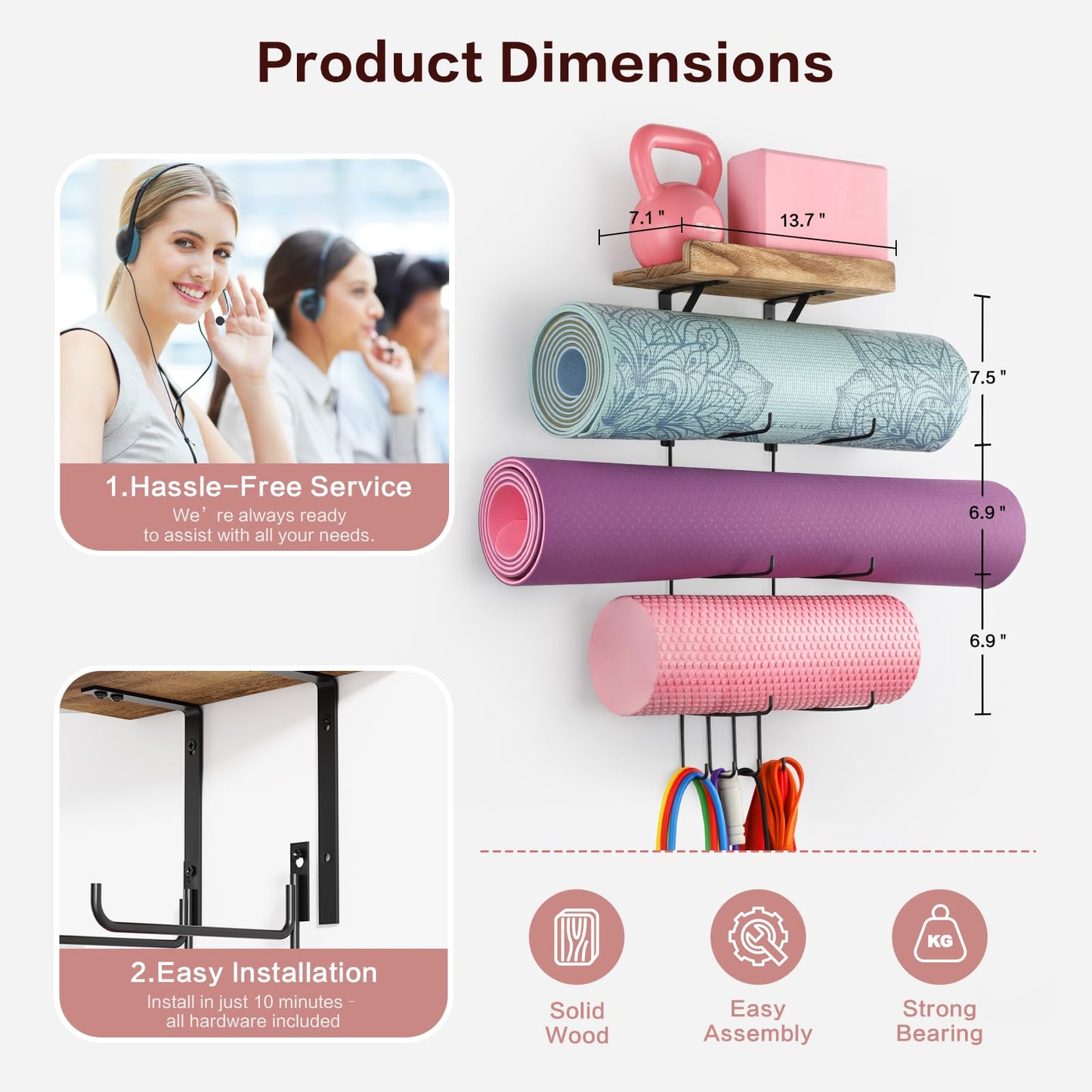 VINAEMO Yoga Mat Holder Accessories Wall Mount Organizer Storage Decor Foam Roller and Towel Storage Rack with 4 Hooks and Wooden Shelves Yoga Mats Rack Resistance Bands for Home Gym School Office