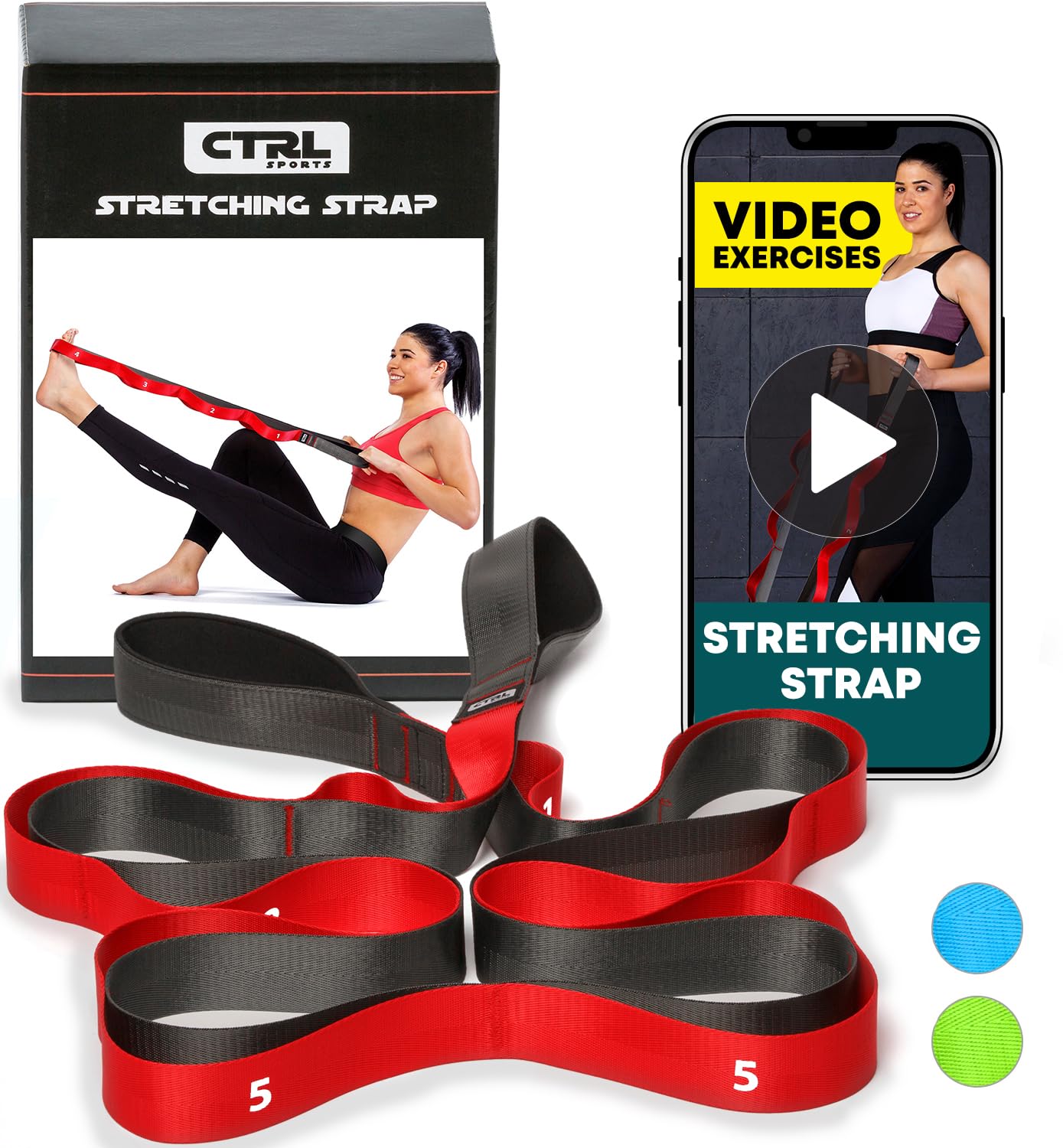 Stretching Strap with Loops - Non Elastic Stretch Band for Physical Therapy, Yoga Strap for Stretching Equipment, Stretch Bands for Exercise and Flexibility - Fascia, Hamstring & Leg Stretcher Belt