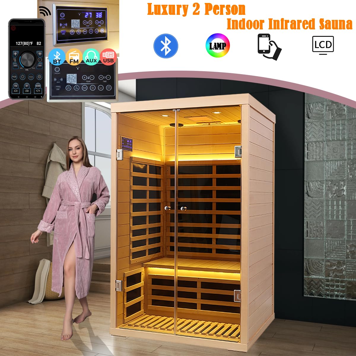 Smart Infrared Sauna 2 Person, 0-5mg Low Emf Far Infrared Sauna for Home, 1780w Indoor Sauna Room with APP & LCD Panel Control , Chromatherapy Light, Bluetooth Speaker, Insulation Cover, Reading Light