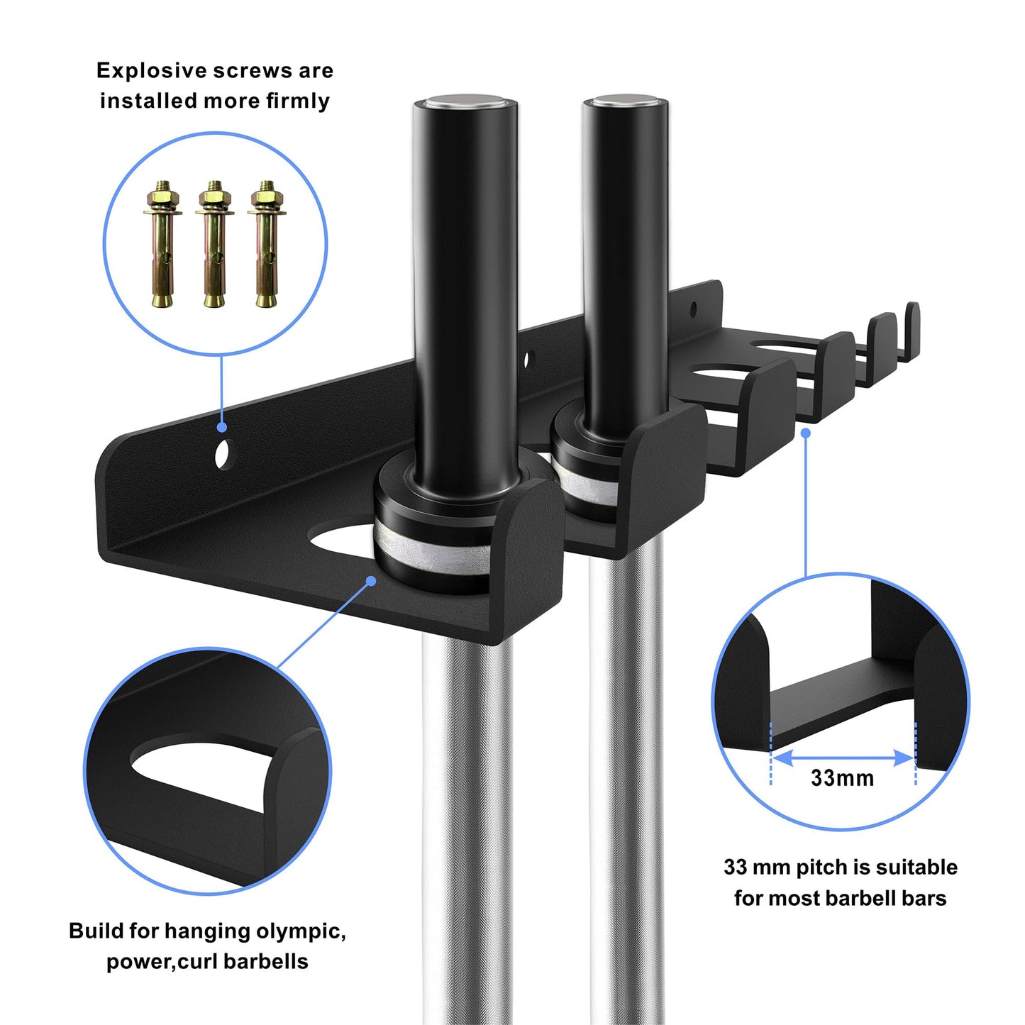 KSWLOR Barbell Storage Rack, Heavy Duty Vertical Hanging Rack, Wall Mounted Bar Holder, Olympic Bar Space Saver for Home, Commercial, Garage Gym