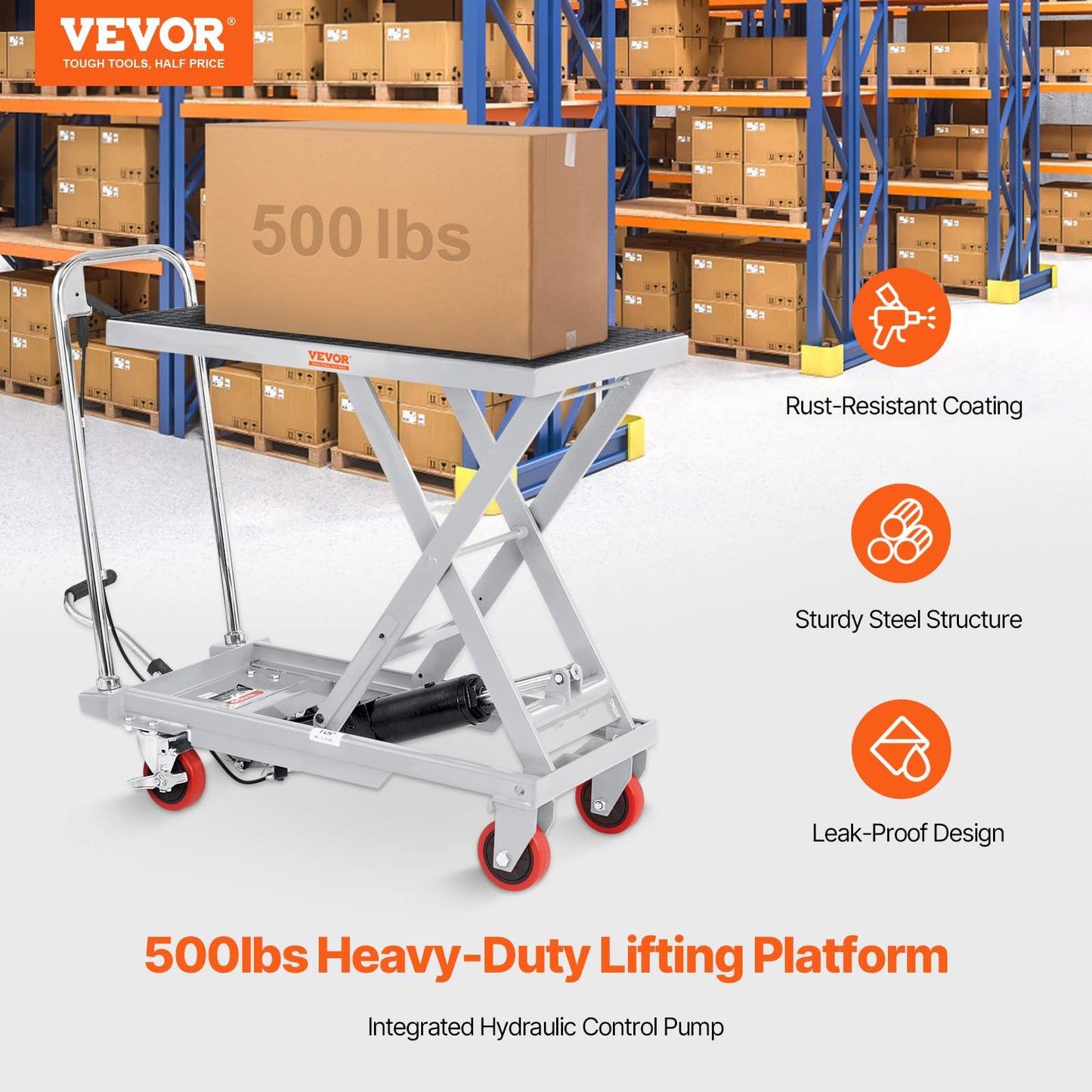 VEVOR Hydraulic Lift Table Cart, 500 lbs Load Capacity, 28.5-Inch Lifting Height, Manual Single Scissor Lift Table with 4 Wheels and Non-Slip Pad, Gray, Alloy Steel