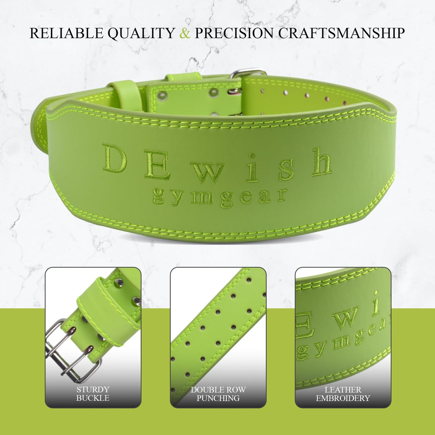 Leather Weightlifting Belt, 10 Adjustable Holes, 4”Width, Double Prong Power Belt for Gym Bodybuilding, weightlifting, powerlifting, squats and deadlifts (Neon Green, XS (23"-27"))
