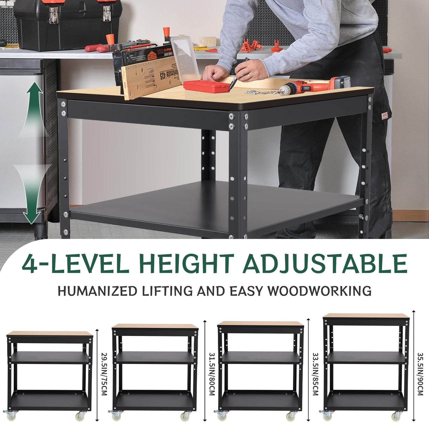 Planer Stand,Rolling Adjustable Planer Table, Heavy Duty Steel Workbench for Miter Saw, Table Saw, and Benchtop Power Tools, 500 lbs Capacity 3-Tier Tool Storage for Workshop & Garage