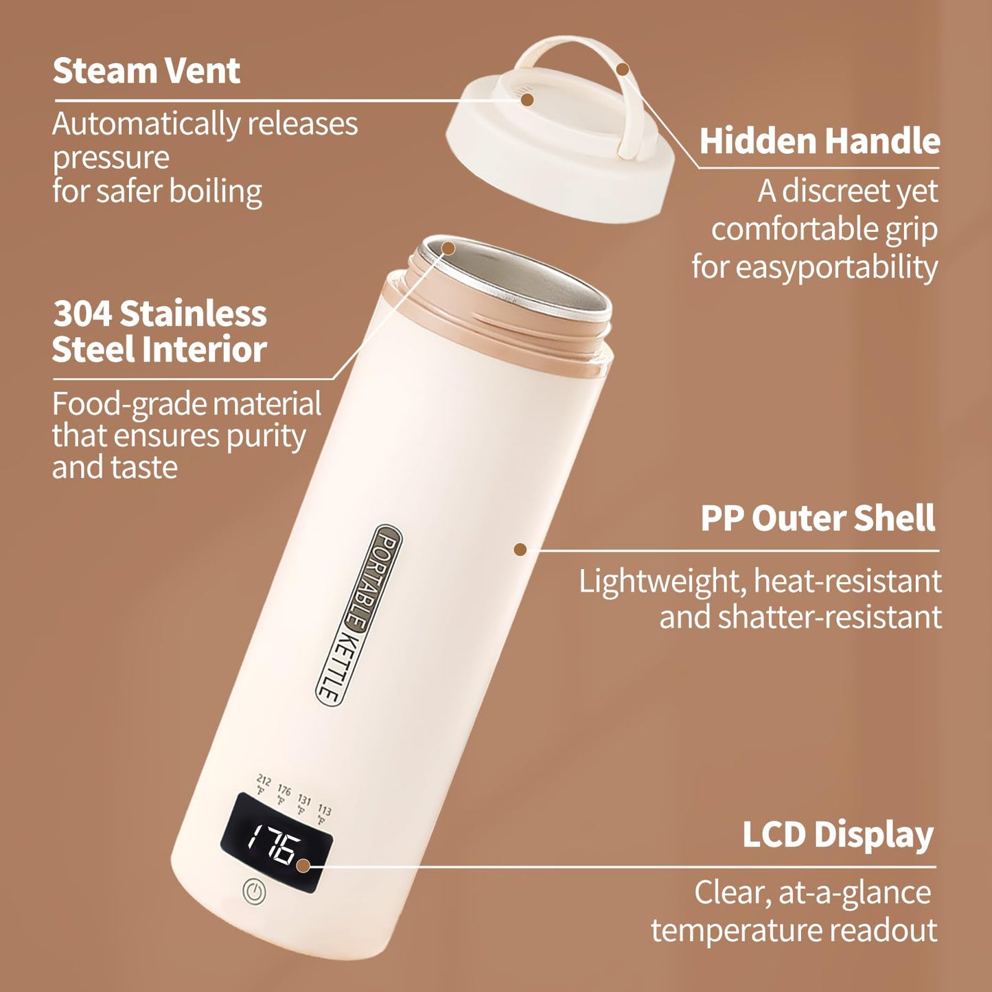 Portable Travel Electric Kettle | 4 Adjustable Temperature | Small Compact Water Boiler for Tea, Coffee | 304 Stainless Steel | Automatic Shut-off | 16oz