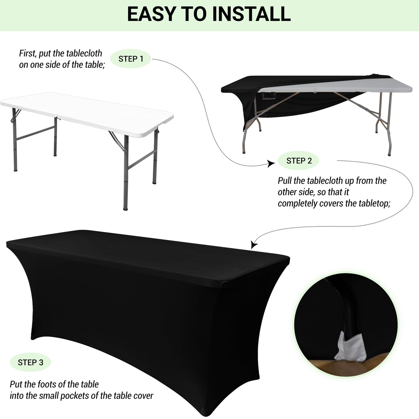 Obstal 2PC Sage Green Tablecloth - 8ft Rectangle Spandex Table Cover for Party, Events, Banquets & Weddings, Machine Washble