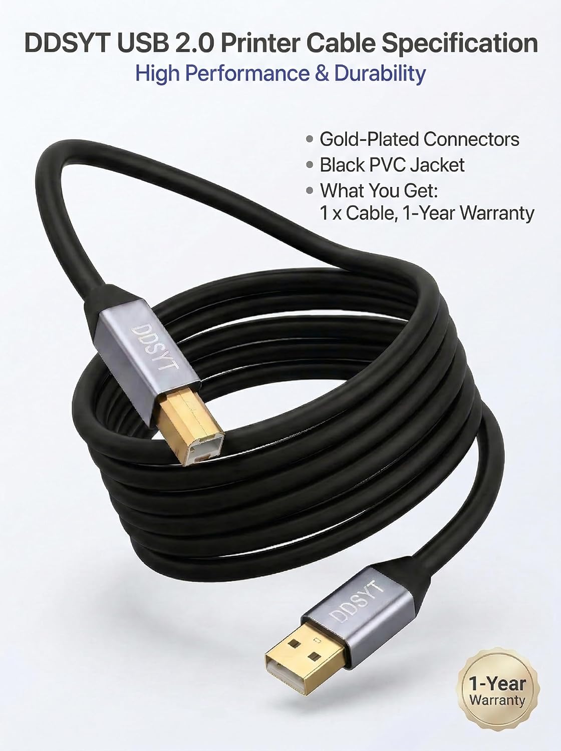 DDSYT 20 2.0 Setup FT USB Printer Cable Gold Plated USB A to B Cord for Long Distance Home Office Compatible with HP