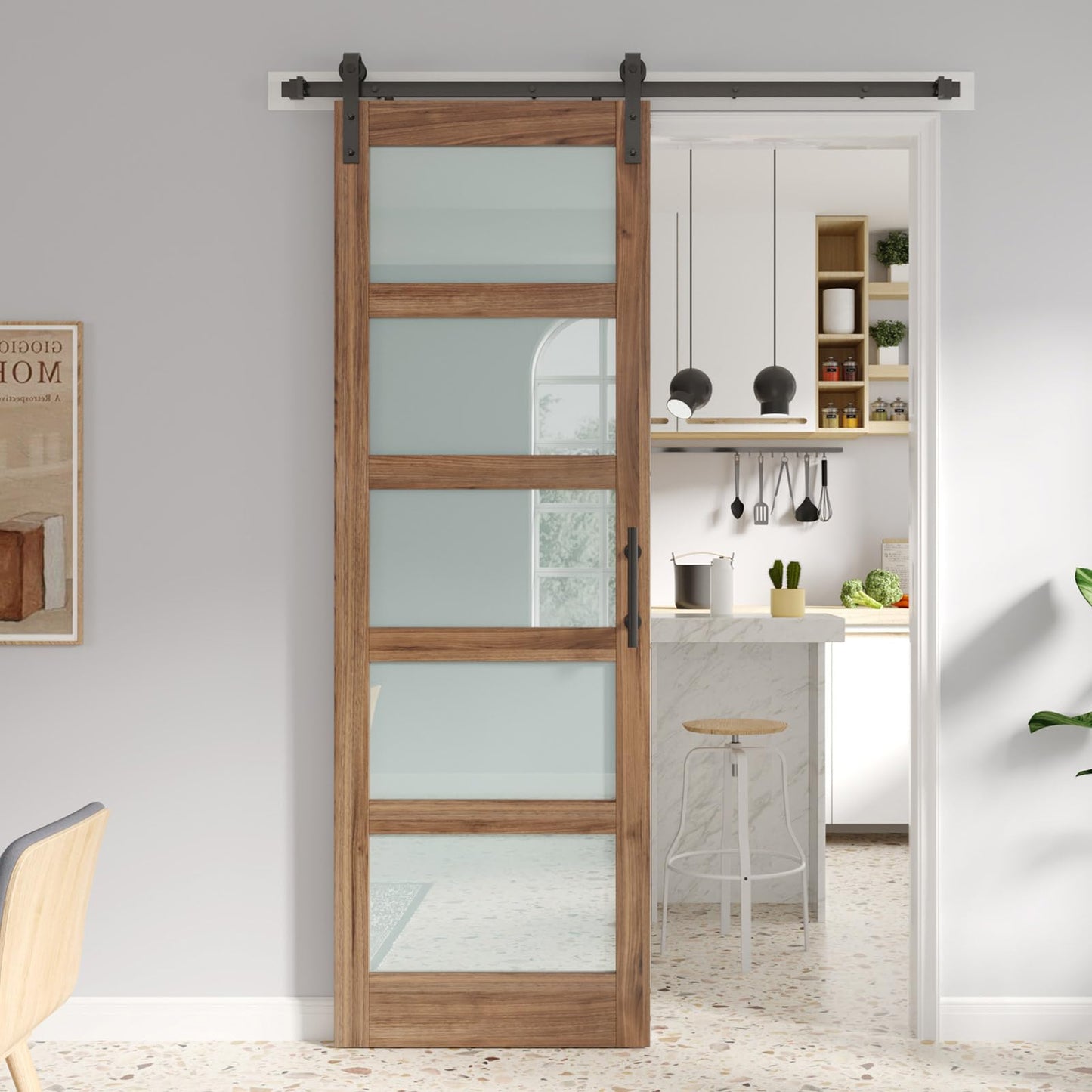 FREDBECK 32 x 96 inch Glass Barn Door with 5.5FT Barn Door Hardware Kit & Handle Included,5-Panel Frosted Glass,Water-Proof Surface,Pre-Drilled Holes,Need Assembly