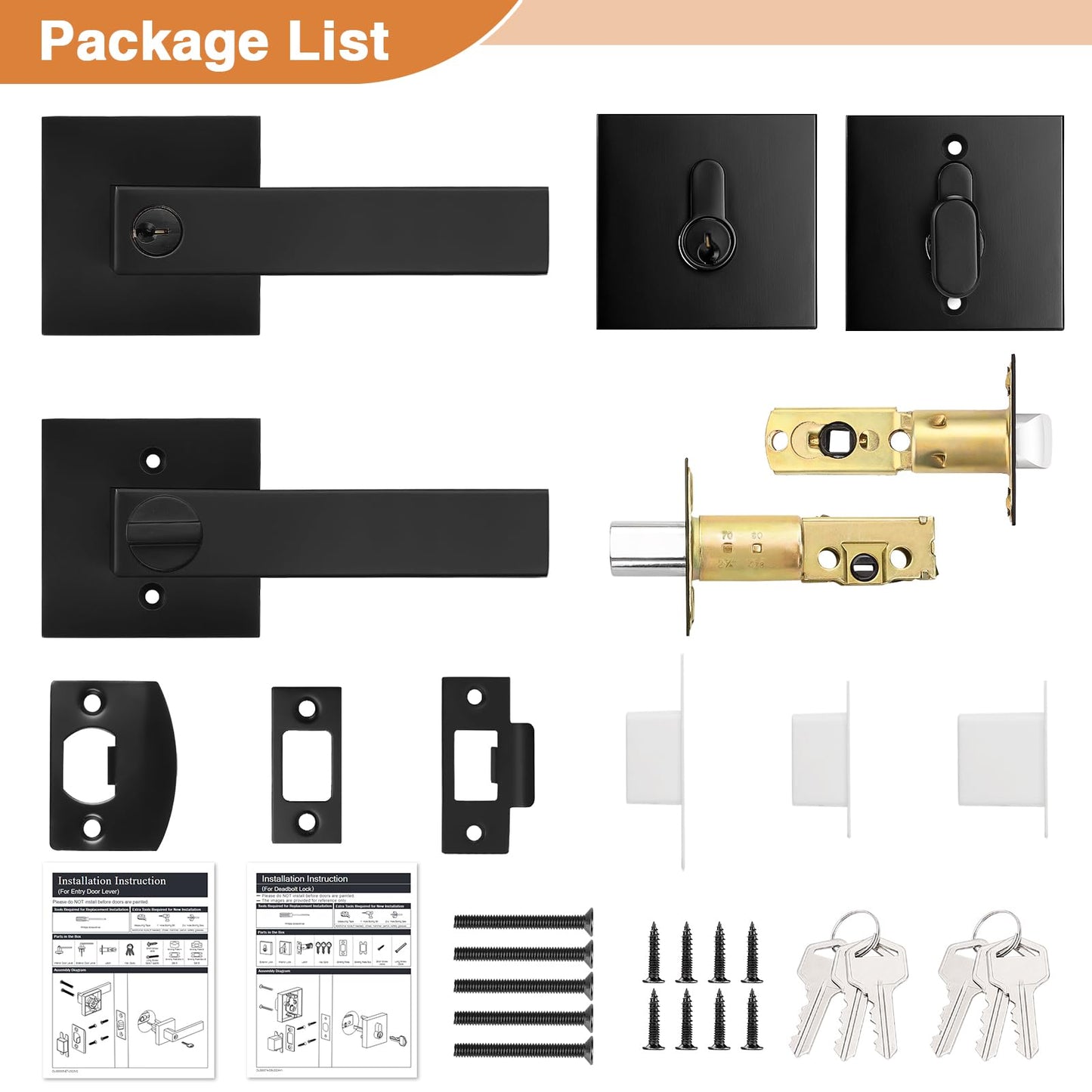 Probrico Square Entry Levers and Single Cylinder Deadbolts Combo Pack, Flat Black Keyed Alike Heavy Duty Keyed Entry Handles Locksets Reversible for Right and Left Side, 2 Pack(All Same Keys)