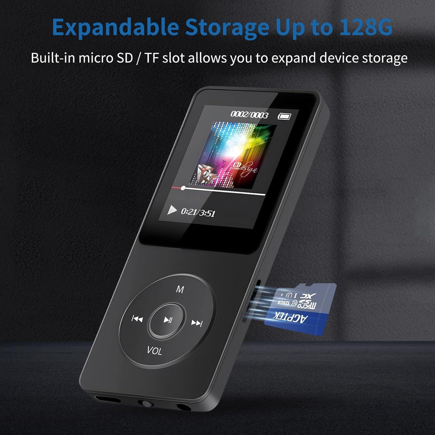 VR-robot MP3 32GB 128GB Player, Music Player with Micro SD Card, Earphone,Build-in Speaker/Photo/Video Play/FM
