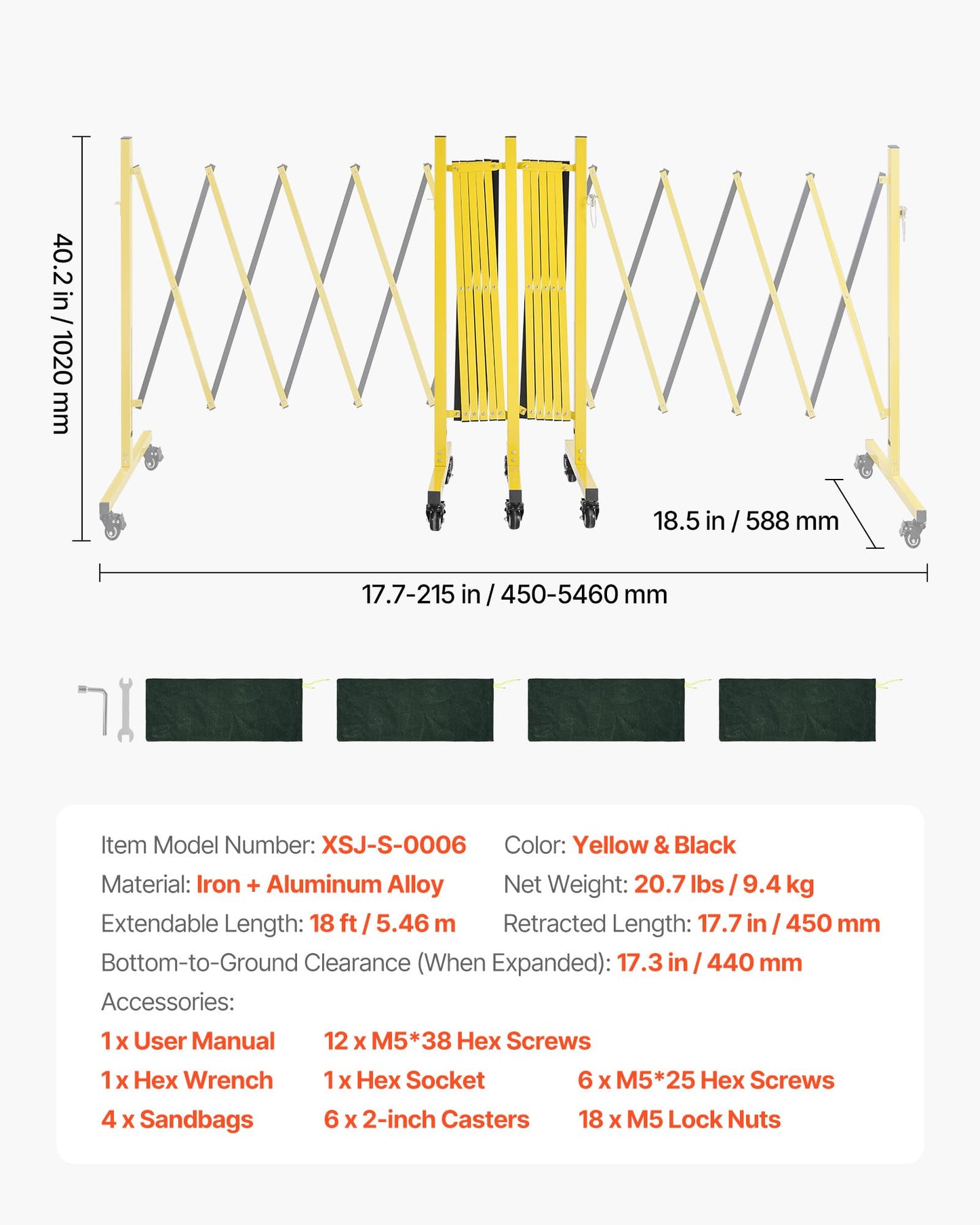 VEVOR Double Expandable Barricades, 18FT Industrial Safety Barriers, Flexible Mobile Barricade with Locking Casters, Portable Folding Security Gate Metal Traffic Fence for Driveway Warehouse Elevator