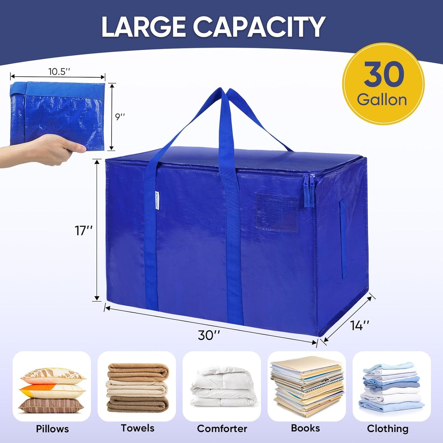 TICONN Extra Large Moving Bags - Heavy-Duty Storage Totes with Zippers & Handles | 30 Gallon, 16 Pack