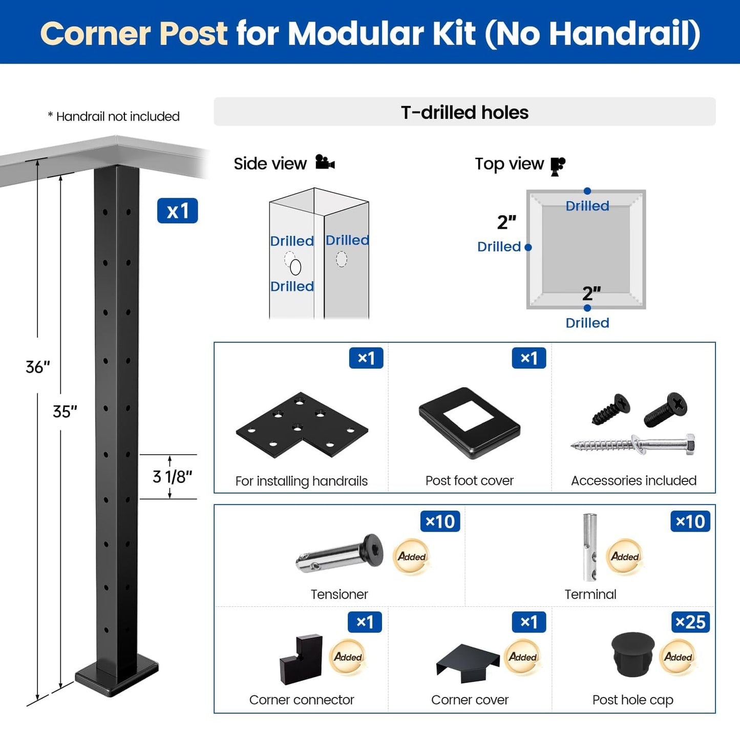 Muzata Black Corner 36 Inch Modular Cable Railing Post T-drilled One-Post Corner Solution Surface Mount Stainless Steel Cable Railing System Kit Indoor Outdoor Modular Post Kit RW39