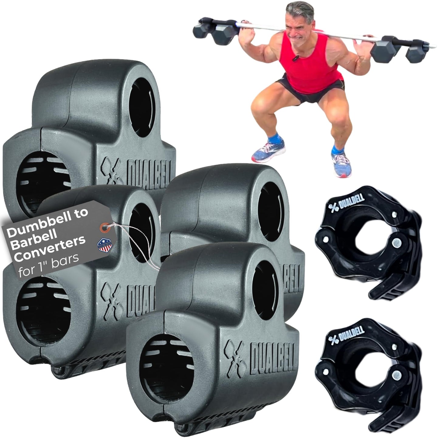 DUALBELL Superset Black w/black weight collars- for 1"bar Dumbbell to Barbell Adapters - Connect dumbbells to a 1" standard diameter bar to use in place of weight plates- 500lbs max capacity