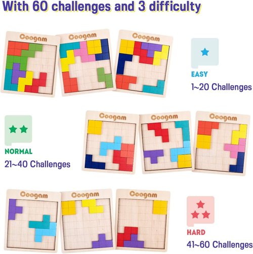 Coogam Wooden Puzzle | 3D Brain Teaser Game with 60 Challenges | Montessori STEM Toy for Kids & Adults