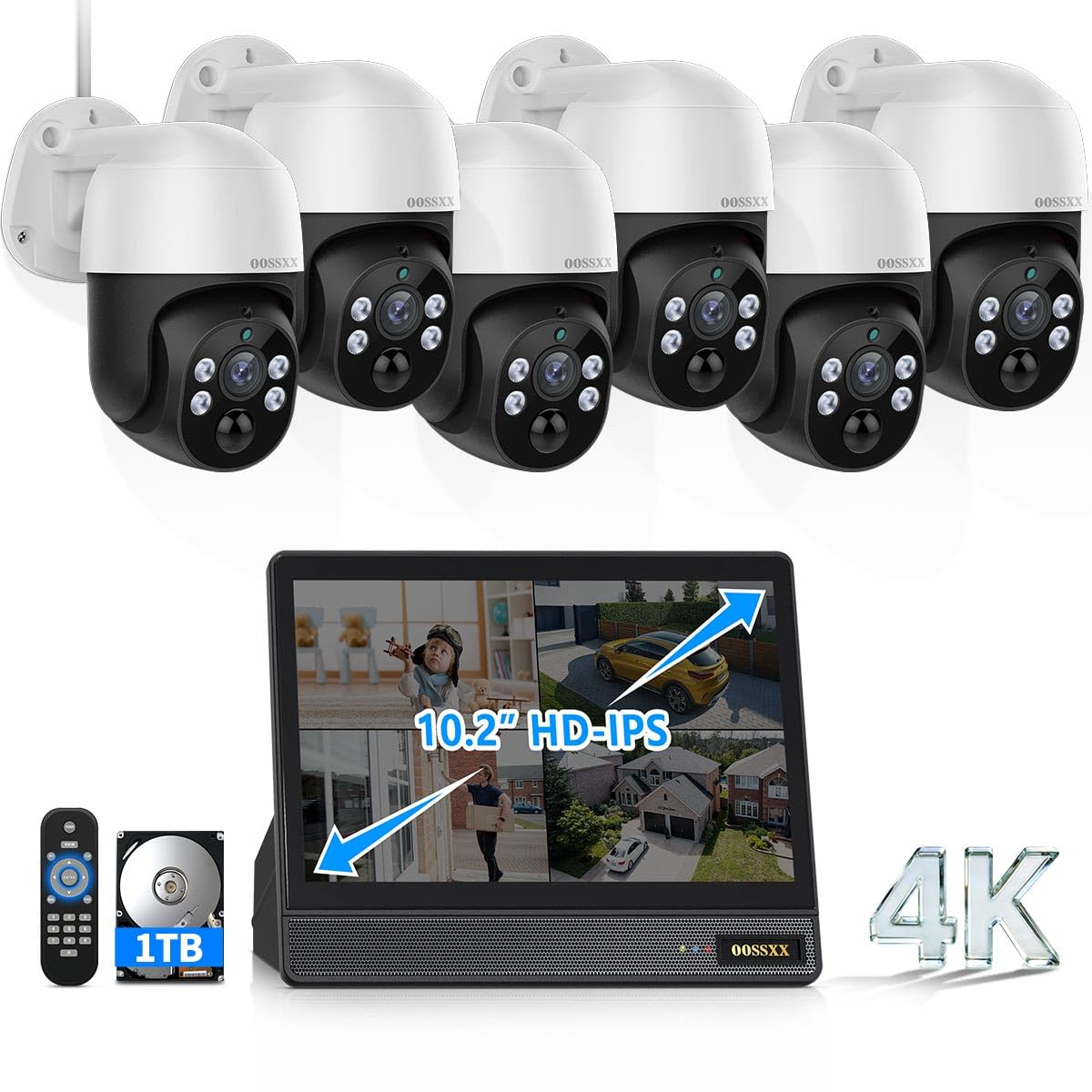 (2026 Upgrade) 4K PoE PTZ Security Camera System, 8CH NVR with 10.2" IPS Monitor & 1TB HDD, 6 Wired 130° Wide-Angle Cameras, Auto Tracking, PIR Human Detection, 2-Way Audio, IP66, No Monthly Fee