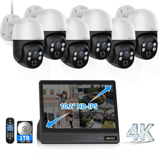 (2026 Upgrade) 4K PoE PTZ Security Camera System, 8CH NVR with 10.2" IPS Monitor & 1TB HDD, 6 Wired 130° Wide-Angle Cameras, Auto Tracking, PIR Human Detection, 2-Way Audio, IP66, No Monthly Fee