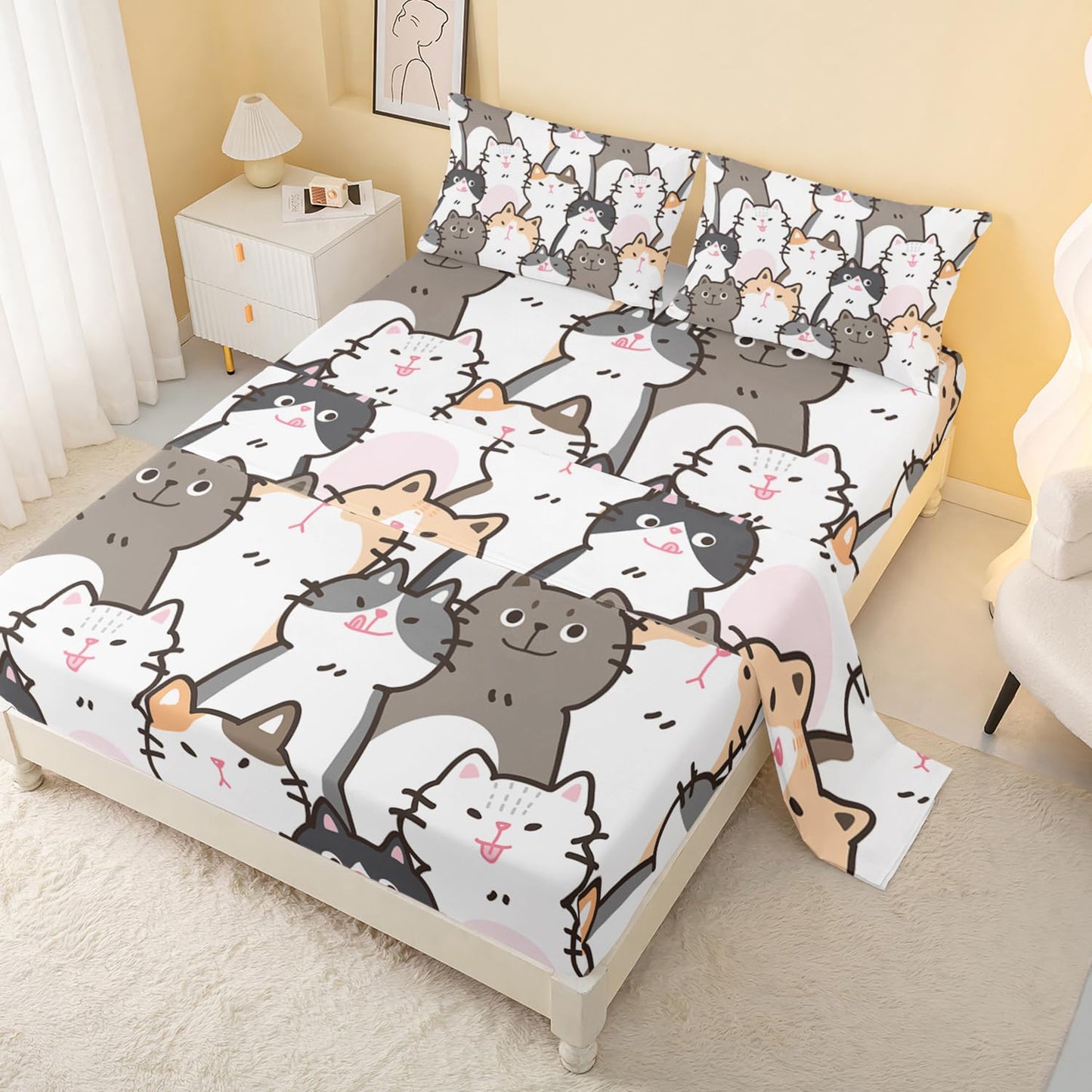 CVHOUSE Cat Fitted Sheet Queen Size,Cartoon Cat Bed Sheet Set for Kids Teens,Kawaii Bedding Set,1 Flat Sheet & 1 Fitted Sheet with 2 Pillow Cases - 4 Piece