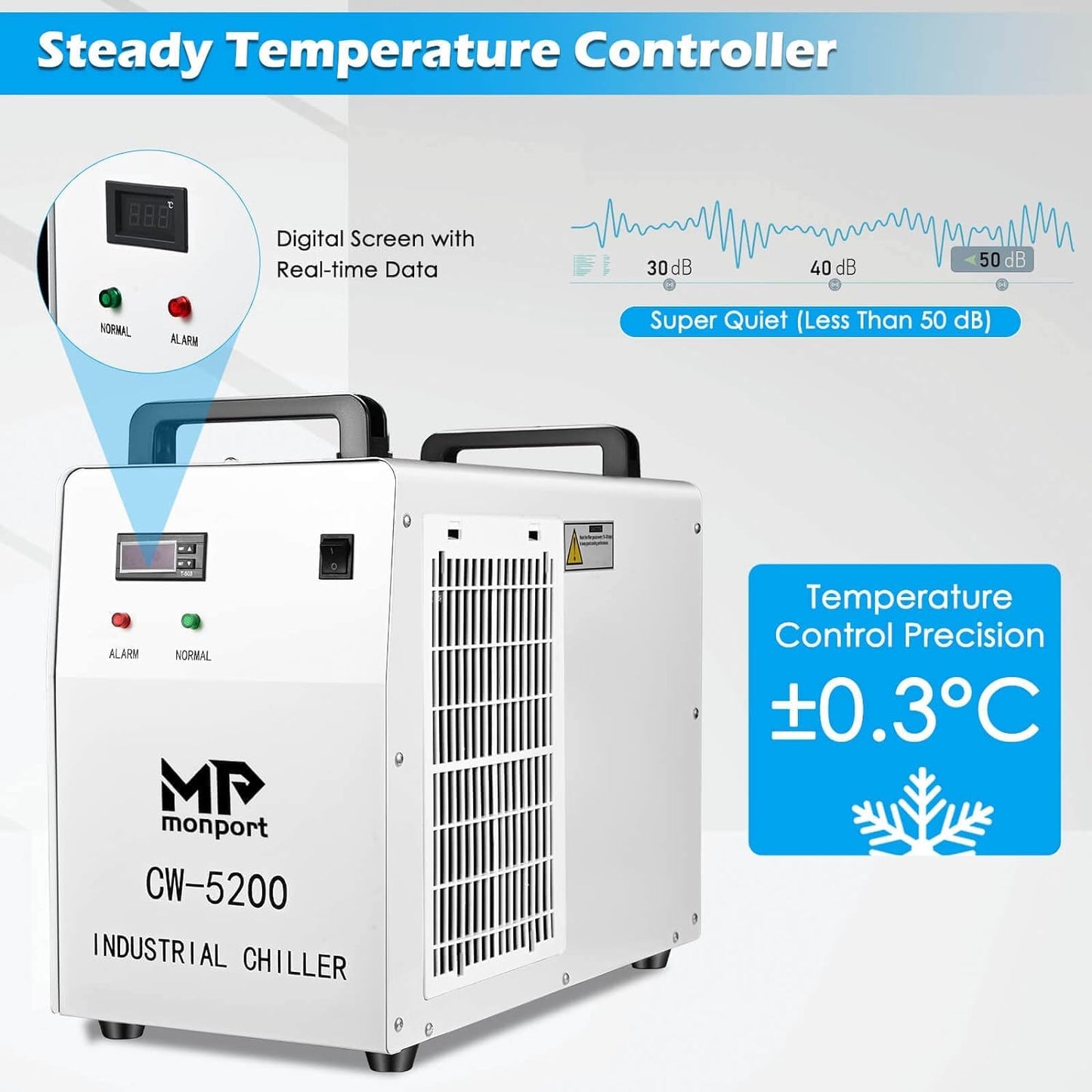 Monport 6L Industrial Water Chiller CW-5200 0.9hp 2.6Gal/min Water Cooling System for 50W-150W CO2 Laser Engraver＆Cutter Machine
