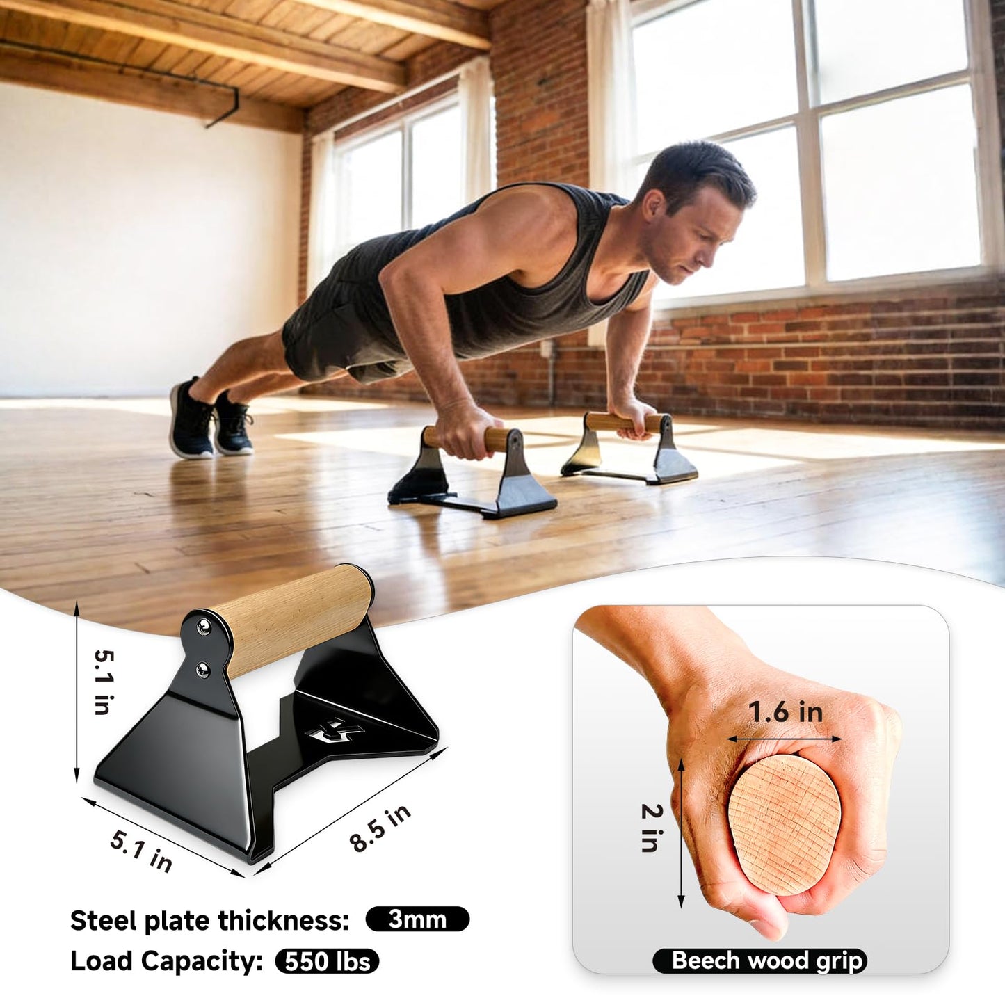 Rocalt Wood Parallettes Push Up Bars, Heavy Duty Steel Calisthenics Equipment, Anti-Slip Push Up Handles for Home Gym Fitness, No Wrist Pain