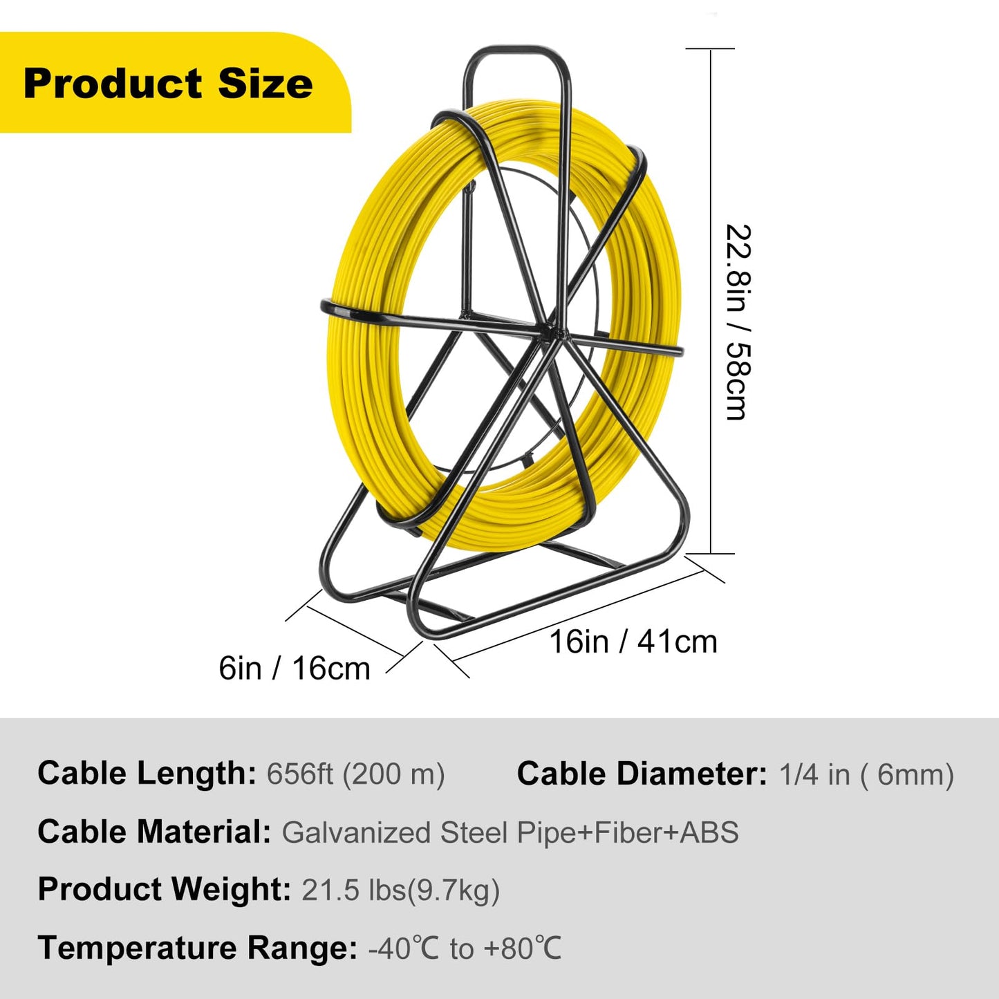 6mm x 200m (656ft) Fiberglass Fish Tape with Steel Reel Stand - Non-Conductive Duct Rodder & Cable Puller for Electrical Wiring, Conduit, Walls and Pipes